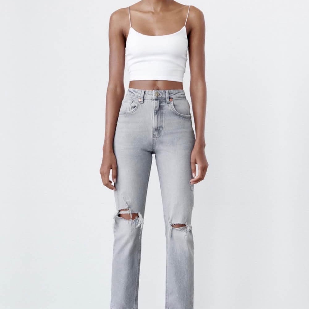 Zara Straight Leg Distressed Denim in a Gray Wash.